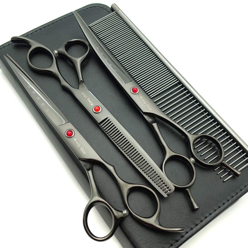 Kingstar 7.0in Professional Pet Grooming Scissors Set,Straight & Thinning & Curved Scissors 3pcs Set with Comb for Dog Grooming,A419 (Black-Grey) - Image 1